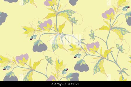 Graceful ornament of cotton flowers on a yellow lemon color background. Seamless floral pattern. Hand-drawn vector illustration with botanical motifs. Stock Photo