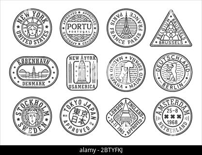 World passport stamp collection. Vector illustration old style travel ...