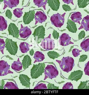 Vector seamless pattern with fresh healthy kohlrabi cabbage Stock Vector
