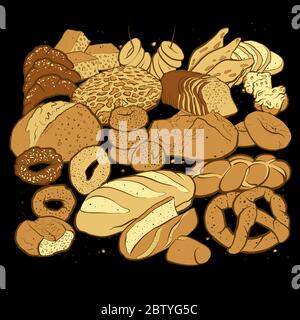 Hand drawn sketched breads to a square arranged format. Very detailed colored vector sketch of a composition with different European and American brea Stock Vector
