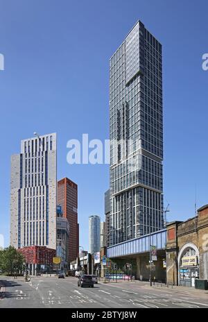 New residential towers, Vauxhall, London UK. Shows Aykon London One Tower (right), a luxury apartment block with interiors by Versace. Stock Photo