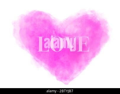 The word LOVE written on an ethereal pink and fluffy cloud splash heart. Computer generated watercolor image isolated on white background. Stock Photo