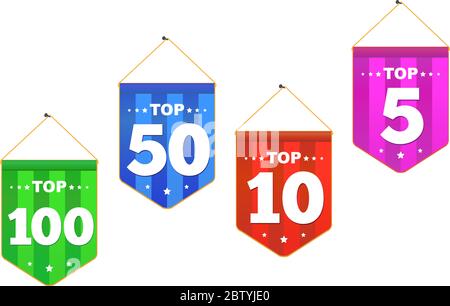 Set of bright colorful stickers Top 100, 5, 10, 50 with smile.  Symbol of achieved victory. Vector illustration in a flat style. Stock Vector