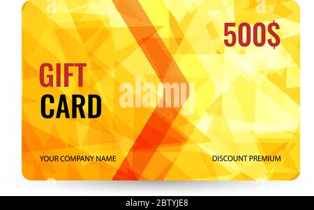 Gift card bright design with gold background of chaotically moving triangles. Modern dynamic background for your company. Vector illustration. Stock Vector