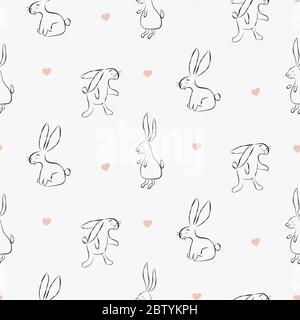 Sketched bunny seamless pattern vector background. Monochrome bunnies for textile print. Stock Vector