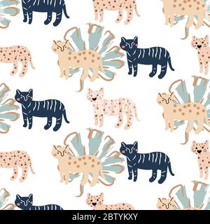 Seamless cute pattern with leopard and palm leafs. Modern wrapping paper summer design. Stock Vector