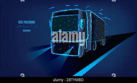 Concept of successful business logistics. Truck from triangles and luminous points on road. Background of beautiful dark blue night sky. Vector Polygo Stock Vector