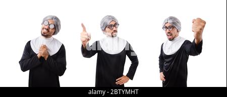 The man wearing nun costume isolated on white Stock Photo