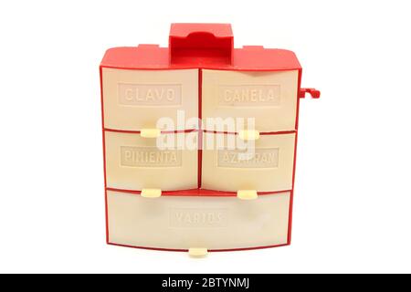 Vintage spice rack plastic box, isolated on a white background Stock Photo