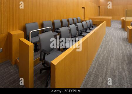 Jury Box Table Jury Box in a new court room Stock Photo - Alamy