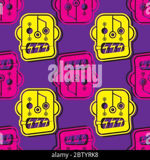 seamless robot head pattern in yellow and pink on a purple background. Vector image Stock Vector