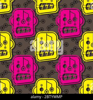 seamless robot head pattern on a brown background. Vector image Stock Vector