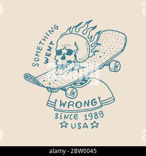 Burning skeleton with a skateboard on the neck. Label for typography. Vintage retro Ride on the boards concept. Template for t-shirt and logo. Hand Stock Vector