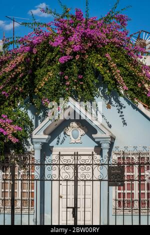 Bougainvillaea climbing over the roof of a cute house, Valladolid, Yucatan, Mexico Stock Photo