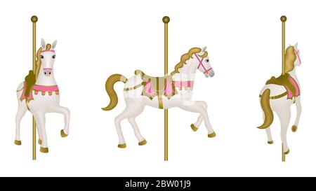 White isolated carousel horse. Side, front and back view Stock Photo
