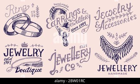 Women's jewelry badges and logo for shop. Luxury accessories, wedding rings and Earring, Letter phrases. Vintage retro Templates for typography or Stock Vector