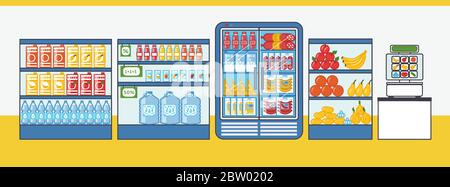 Supermarket with fruits, vegetables, drinks, sausages and other products. Shelves and fridges with food stuff. Vector illustration in cartoon style Stock Vector