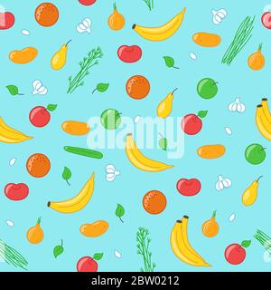 Seamless pattern with organic fruits and vegetables. Vector illustration in cartoon style Stock Vector