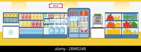 Supermarket with fruits, vegetables, drinks, sausages and other products. Shelves and fridges with food stuff. Vector illustration in cartoon style Stock Vector