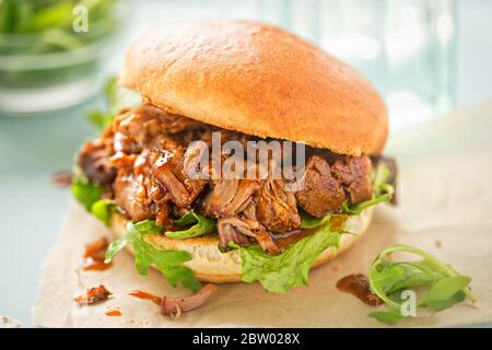 Pulled pork buns with salad lettuce Stock Photo