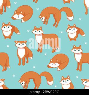 Animal seamless pattern . Red fox on blue bakground. Pattern for textile, fablic, paper and clothes. Vector illustration in cute cartoon style Stock Vector