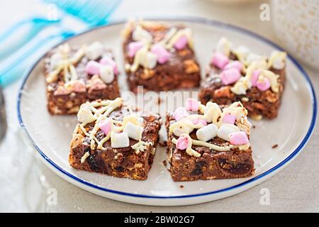 Belgian dark chocolate rocky road cake with marshmallows Stock Photo