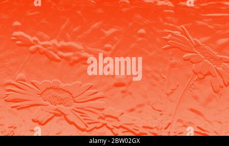 3D graphic of daisies in relief, bold and bright orange with a metallic textured surface, space for text, copy Stock Photo
