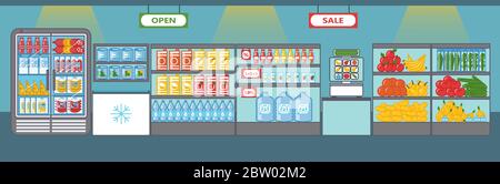 Supermarket. Fruits, vegetables, drinks, sausages and other products. Scale for weighting. Shelves and fridges with food stuff. Vector illustration in Stock Vector