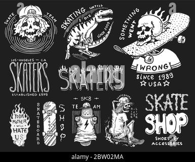 Skateboard shop badges set. Dinosaur and skeletons ride on the boards concept. Fiery head and skull. Vintage retro labels for t-shirts and typography Stock Vector