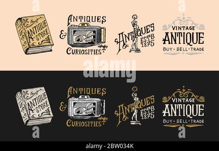 Antique shop labels or badges. Book and camera. Vintage victorian ancient logo for t-shirts and typography. Drawn engraved monochrome sketch. Stock Vector