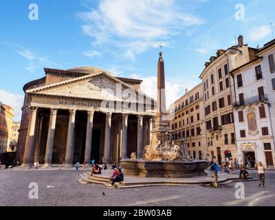 Pantheon in piazza della Rotonda and its fountain constructed by Giacomo Della Porta - Rome, Italy Stock Photo