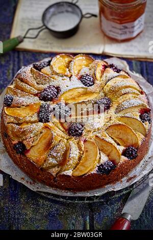 Blackberry and apple cake with icing sugar Stock Photo