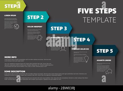 One two three four five - vector dark blue green progress steps template with descriptions and icons Stock Vector
