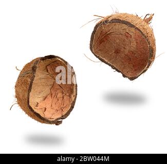 Coconut fruit shell cut in half isolated over the white background, set of two halves Stock Photo
