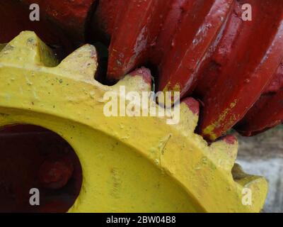 Colorful gear wheels close up mechanical parts Stock Photo