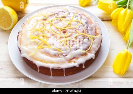 Lemon drizzle cake with icing Stock Photo