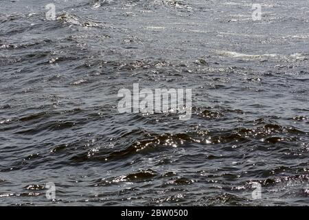 Mild waves of Baltic Sea waters during windy weather in Kolobrzeg. The wind on the surface of the water has painted small waves reflecting the sun's r Stock Photo