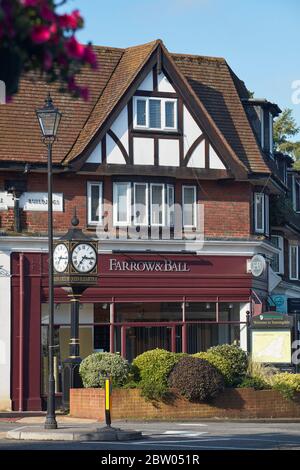 Village centre showing Golden Jubilee Clock and Farrow & Ball shop, Chobham Road, Sunningdale, Berkshire, England, United Kingdom Stock Photo