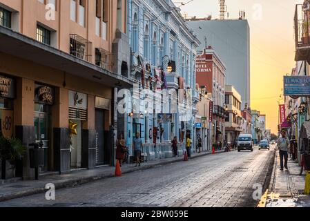 street in the city centre, at sunset Merida, Yucatan, Mexico Stock Photo