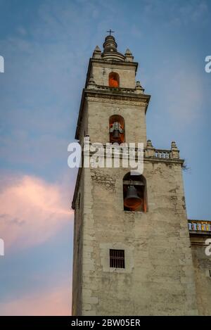 Bell tower of the Merida Cathedral, built in the 16th century, Merida, Yucatan, Mexico Stock Photo