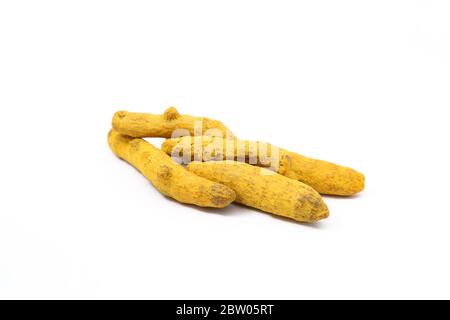 Turmeric roots on white background Stock Photo
