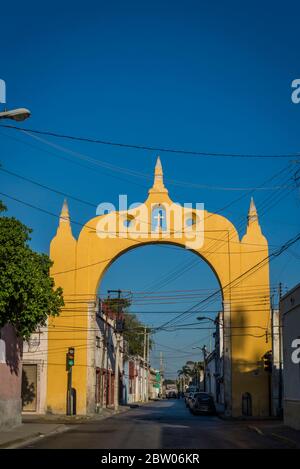 Del Puente Arch or the Bridge Arch, one of the historical street arches that features a stone cross is located at the entrance of the La Mejorada neig Stock Photo