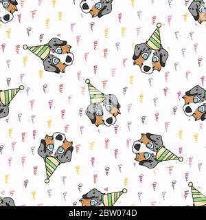 Hand drawn cute australian shepherd puppy face with party hat seamless vector pattern. Purebred pedigree domestic celebration background. Dog lover Stock Vector