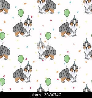 Hand drawn cute australian shepherd puppy with party hat seamless vector pattern. Purebred pedigree domestic celebration background. Dog lover Stock Vector