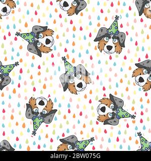 Hand drawn cute australian shepherd dog face with party hat seamless vector pattern. Purebred pedigree domestic celebration background. Dog lover Stock Vector