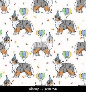 Hand drawn cute australian shepherd dog with party hat seamless vector pattern. Purebred pedigree domestic celebration background. Dog lover Australia Stock Vector
