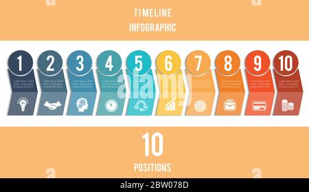 Template for  Infographic. Timeline of colored arrows and numbered circles.  Design for 10 position can be used for workflow, banner, diagram, web des Stock Vector