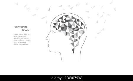 Polygonal brain. Concept of thinking human, visualization of process of thinking. Black white vector illustration. Low poly. Stock Vector