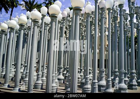 An exterior view of the 'Urban Light' street lamps installation outside the Los Angeles County Museum of Art (LACMA) at 5905 Wilshire Blvd.