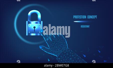 Protection, cybersecurity, security services concept. Safety of information and data. Closed lock and hand from triangles and luminous points on dark Stock Vector
